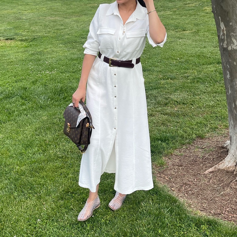 Zara Elegant White Belted Shirt Dress